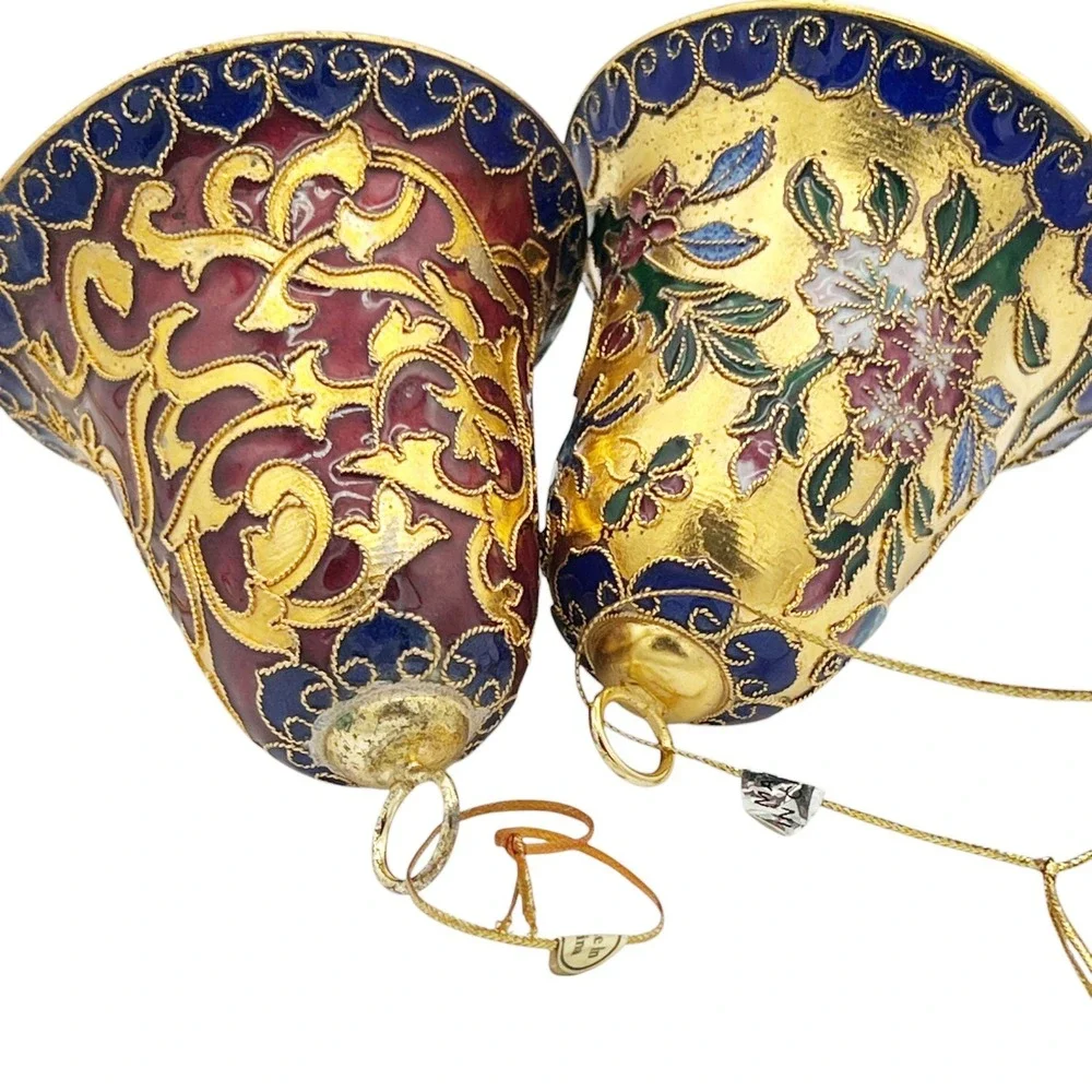 2 VTG Cloisonné Enamel Bell Ornaments Red & Gold Floral Scrollwork Gilt Brass 3